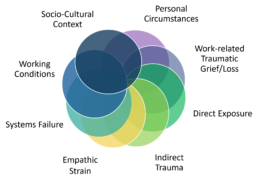 A venn diagram that outlines risk factors for helping professionals